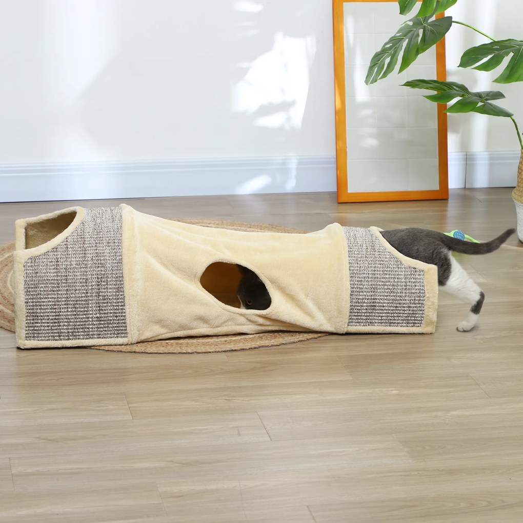 Túnel para gatos, brinquedo para gatos, com 2 compartimentos abertos em sisal, aberturas, para interior, 107 x 38 x 29 cm, bege