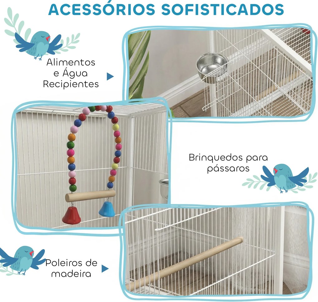 Gaiola para Pássaros com Rodas Poleiros Baloiço Bandeja Removível e Tigelas de Aço Inoxidável 48x46x78 cm Branco