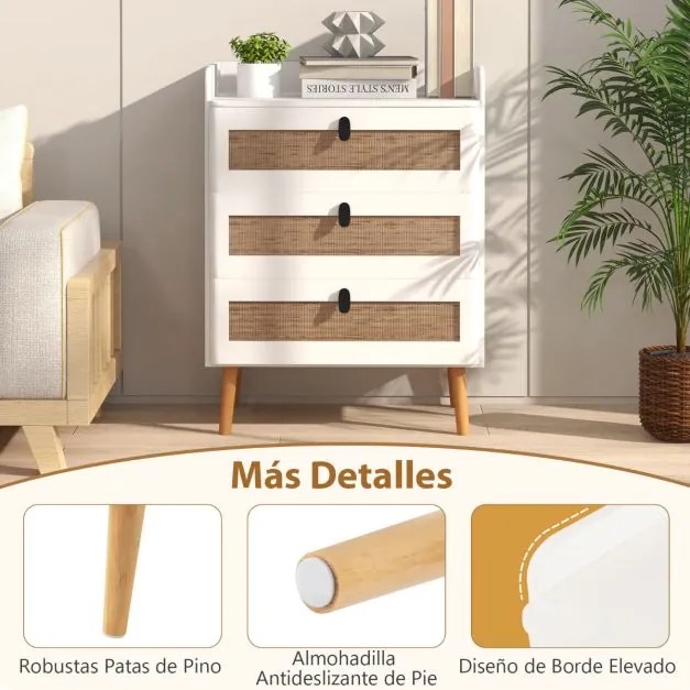 Mesa de cabeceira com 3 gavetas decoradas em rattan Pernas de madeira 60 x 40 x 75 cm Branco