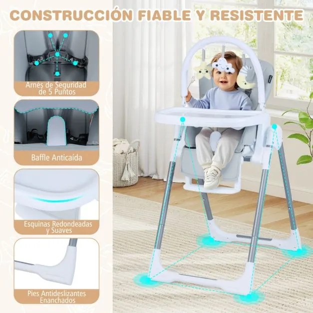 Cadeira alta refeição dobrável para bebés portátil com altura ajustável Encosto reclinável Apoio para os pés Arnês Cinza claro