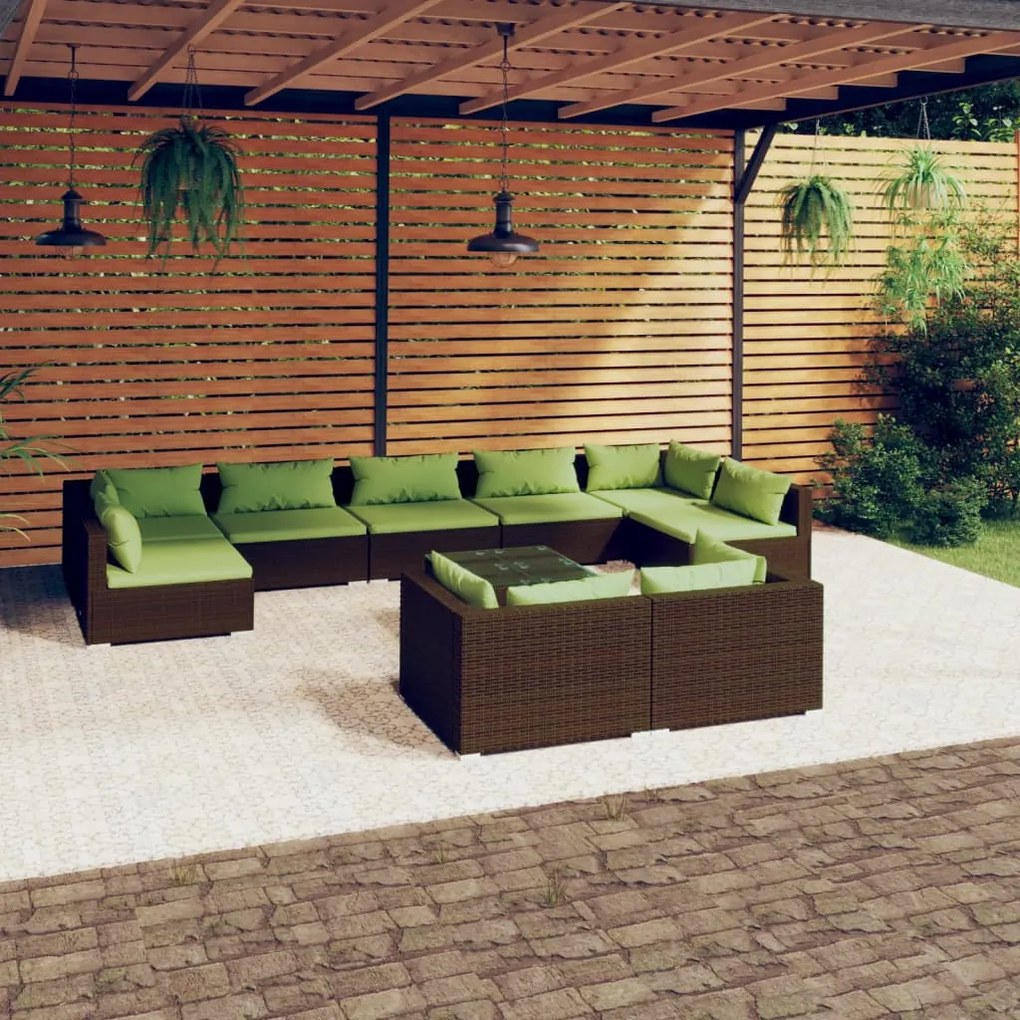 vidaXL 10 pcs conjunto lounge jardim c/ almofadões vime PE castanho