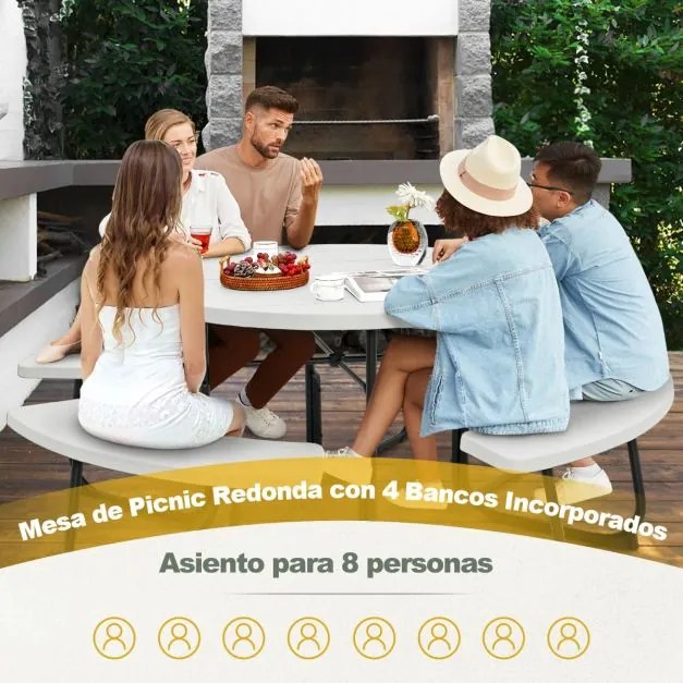 Conjunto de jardim para 8 pessoas com mesa e 4 bancos, orifício para guarda-sol e mesa de campismo redonda para piquenique no jardim Carga 225 kg Bran