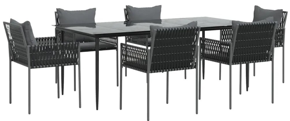 7 pcs conjunto de jantar p/ jardim c/ almofadões vime PE e aço