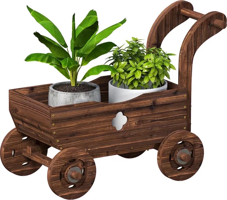 Carrinho de Madeira Decorativo Vaso Elevado com 4 Rodas Pega Orifícios de Drenagem 68x38x52 cm Carbonizado