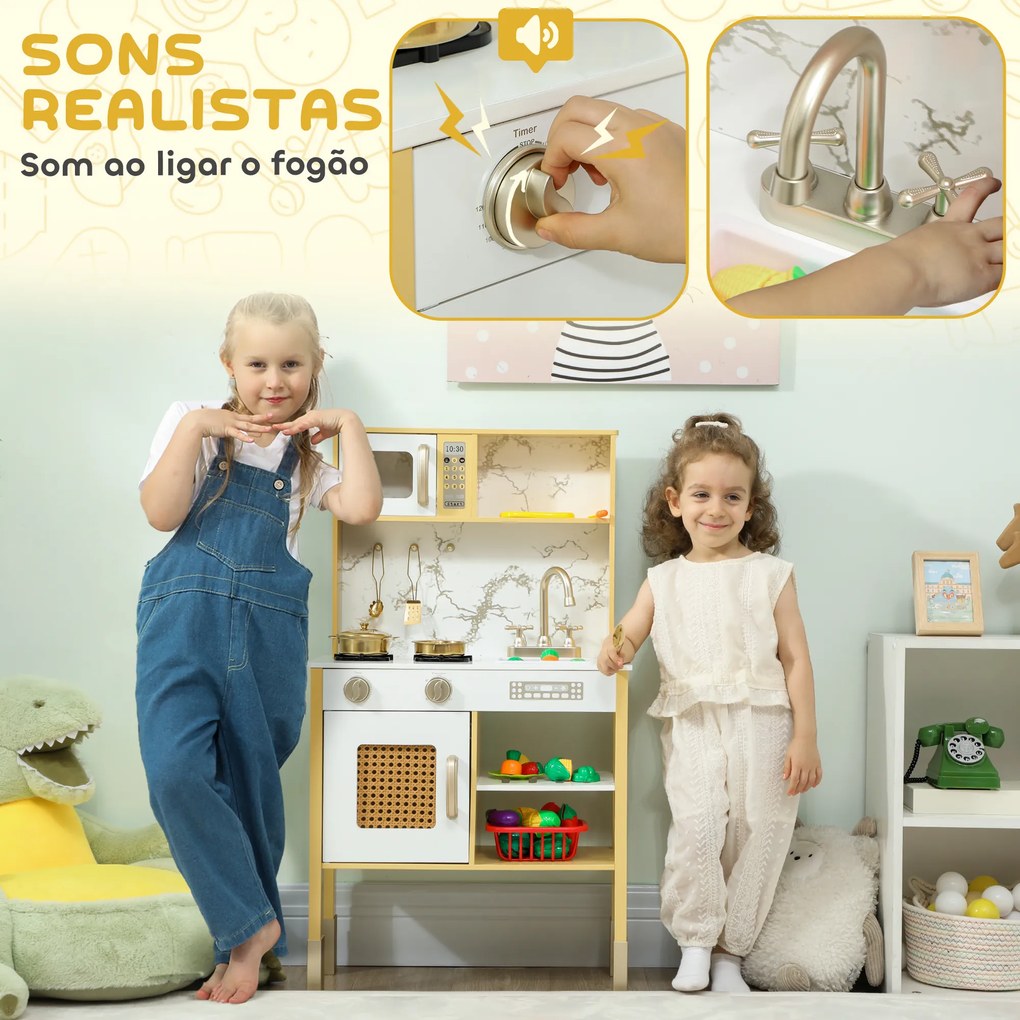Cozinha de Brincar em Madeira com Som Acessórios em Aço Inoxidável Micro-Ondas Forno Lava-Loiças Legumes para Cortar 55x24x96 cm Dourado