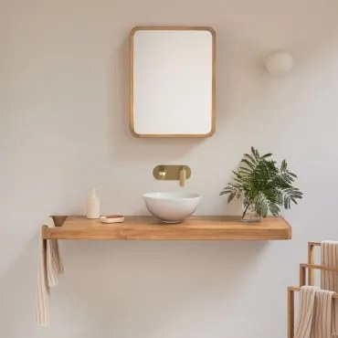 Conjunto De Móvel De Casa De Banho 130x45 Cm Suspenso Em Madeira De Teca Neill Madeira De Teca & Cerâmica Branca Redonda Ø30 Cm - Sklum