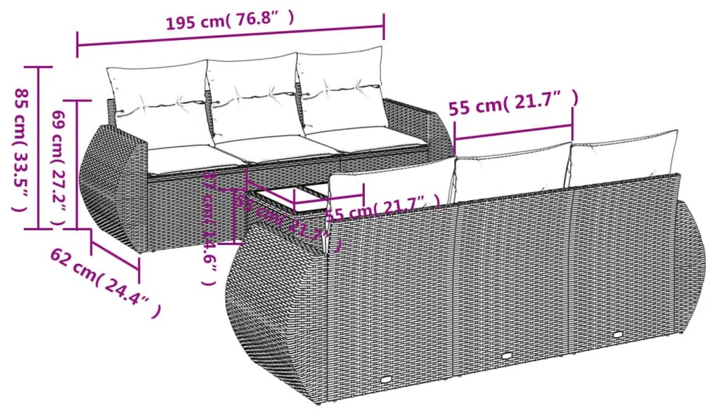 7 pcs conjunto de sofás jardim c/ almofadões vime PE castanho