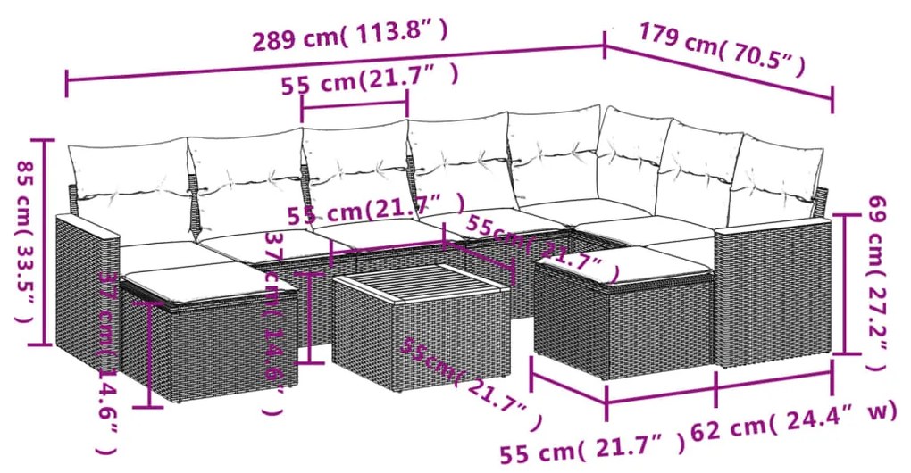 10 pcs conjunto sofás de jardim c/ almofadões vime PE cinzento