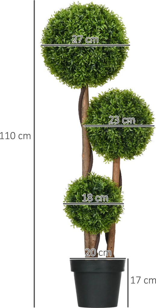 Árvore artificial de buxo altura 110 cm com 3 bolas de folhas de bambu, vaso incluído, para interior e exterior, verde