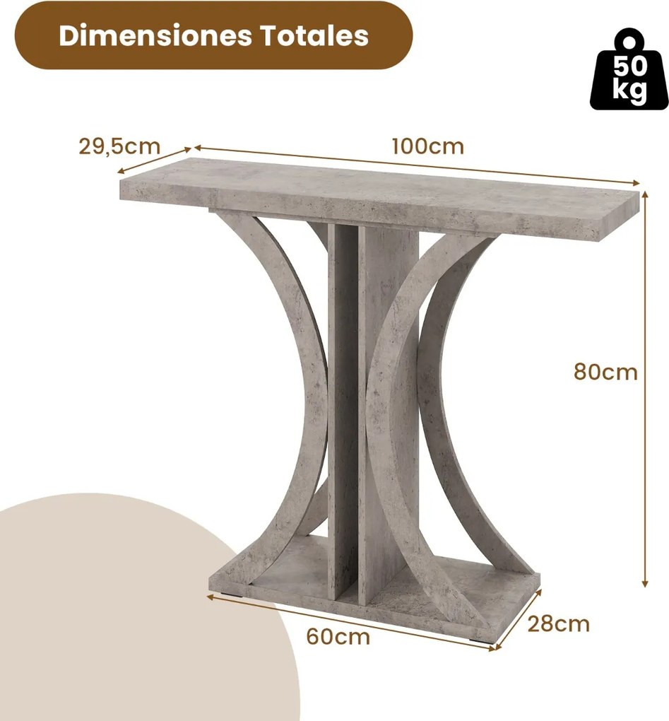 Mesa Consola 100 x 29,5 x 80 cm com Estrutura Geométrica para Entrada, Hall, Sala, Corredor Cinzenta