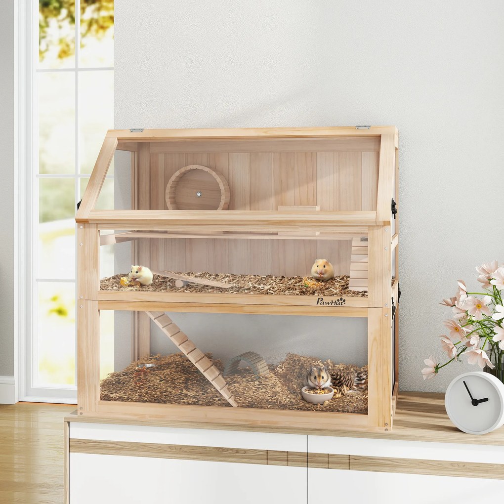 Gaiola para hamsters e roedores com 3 níveis, fundo removível 80 x 50 x 76 cm, casinha e Baloiço, 80x50x76 cm, acabamento em madeira natural