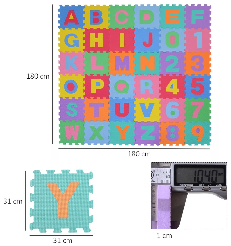 HOMCOM Tapete puzzle infantil 36 peças de 31x31cm Números de 0 a 9 e 26 letras do alfabeto Tapete de borracha de espuma para bebês e crianças 3,24㎡