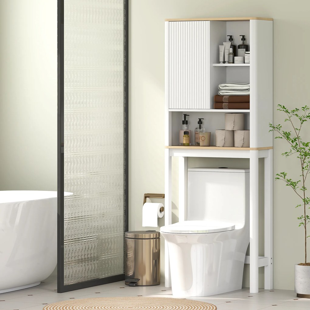 Móvel de arrumação para colocar por cima da sanita 65 x 25 x 170 cm, com porta canelada, compartimentos e prateleira ajustável, branco