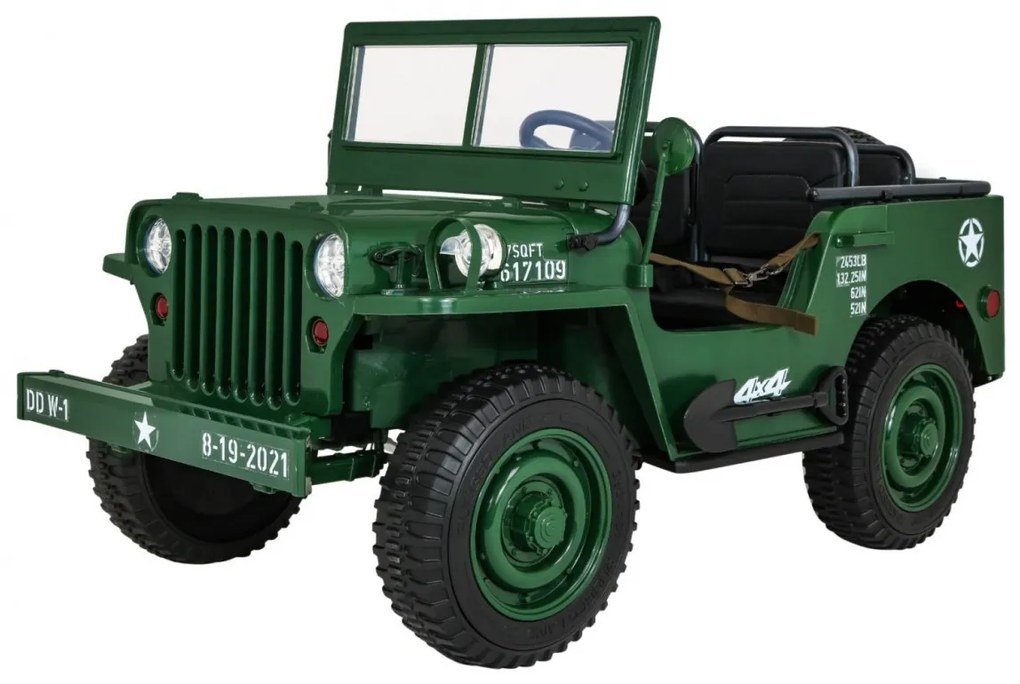 Jipe elétrico para Crianças 3 Lugares Retro Military 24V 4x4 Rodas Espuma EVA, assento couro ecológico Verde