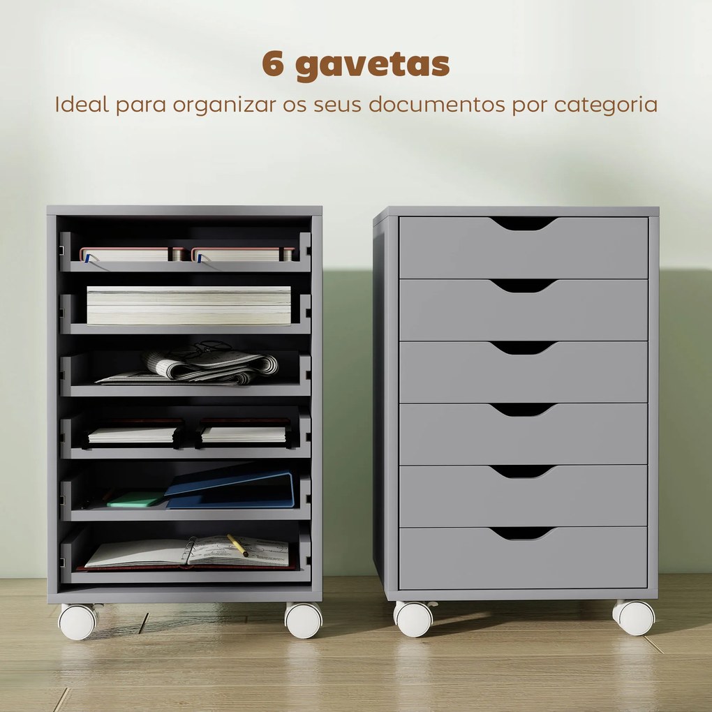Bloco de Gavetas Móvel Arquivador com 6 Gavetas Suporte para Impressora com Rodas 40x35x63 cm Cinzento