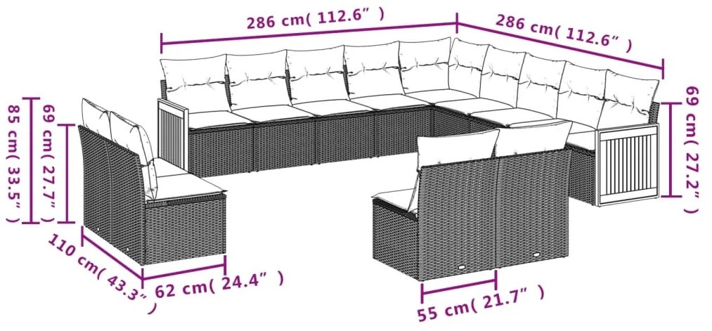 13 pcs conjunto de sofás de jardim com almofadões vime PE preto