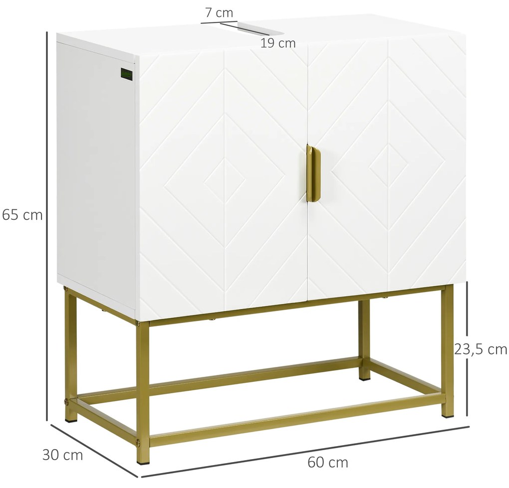 Móvel para Lavatório (NÃO INCLUIDO) Pousar Armário para Casa de Banho Moderno com 2 Portas e Pés de Aço 60x30x65 cm Branco e Dourado