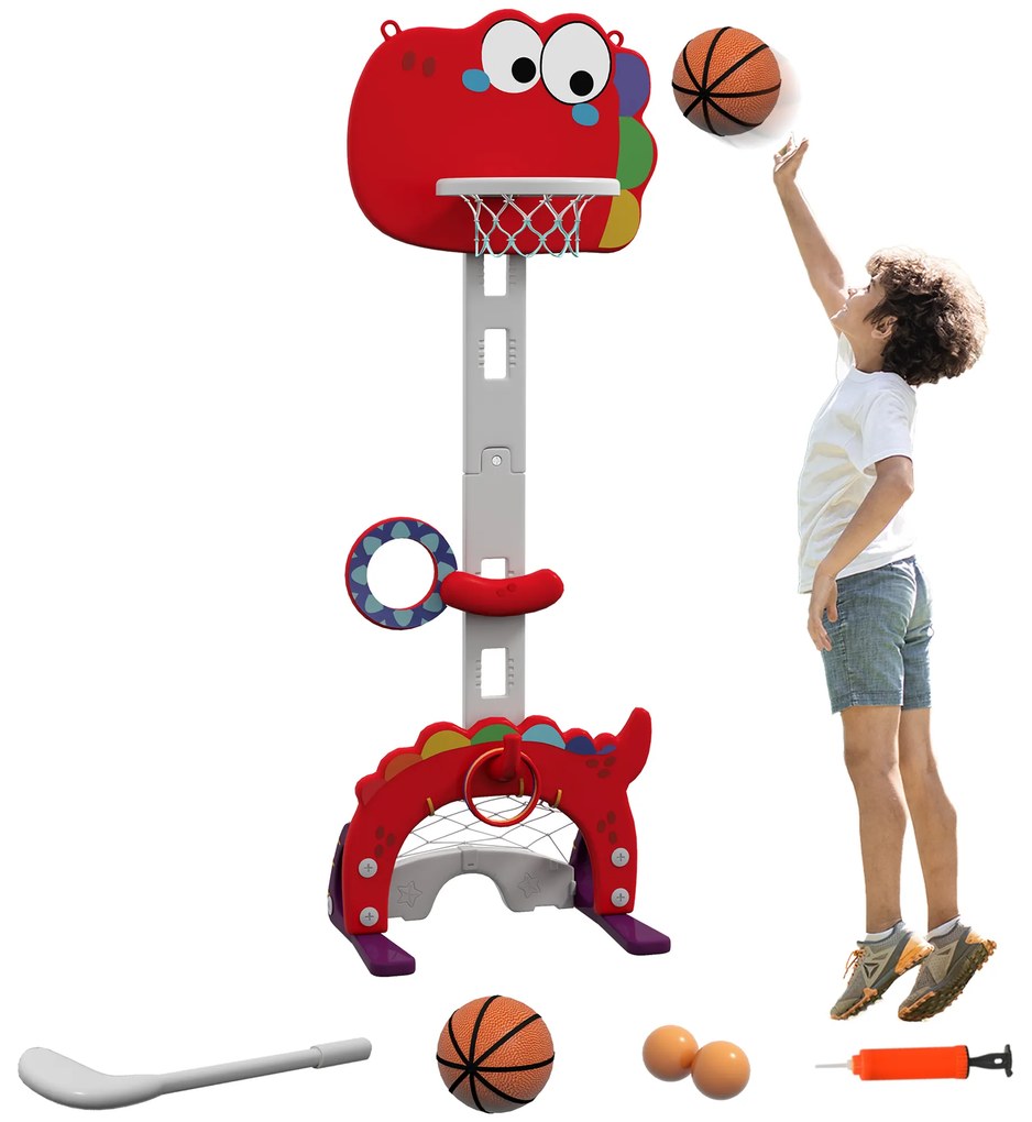 Cesto de Basquetebol 5 em 1 com Altura Ajustável Futebol Golf Aros Jogo de Lançamento 46x51x134-152 cm Vermelho