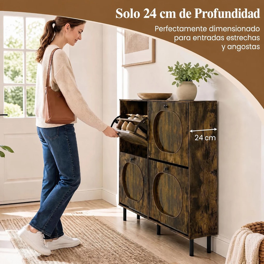 Sapateira, Armário Estreito para Sapatos, 100 x 24 x 98 cm, 4 Portas Basculantes, Castanho