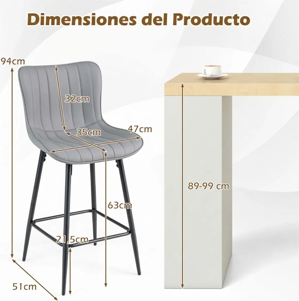 Conjunto de 2 bancos de bar em couro sintético 47 x 51 x 94 cm, com assento e encosto almofadados e apoio para os pés, com capacidade para 150 kg, par