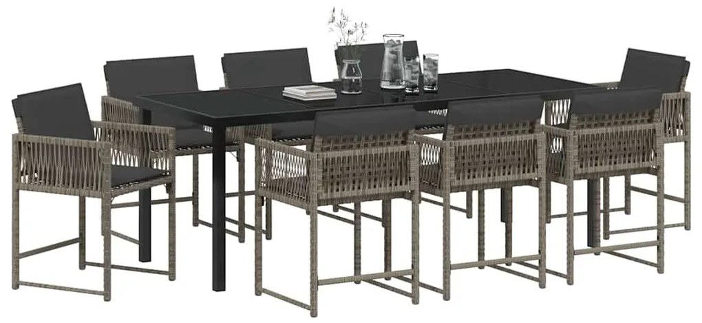 Conjunto de Jantar de Jardim com Almofadas 9 Peças Cinza Rattan Poly