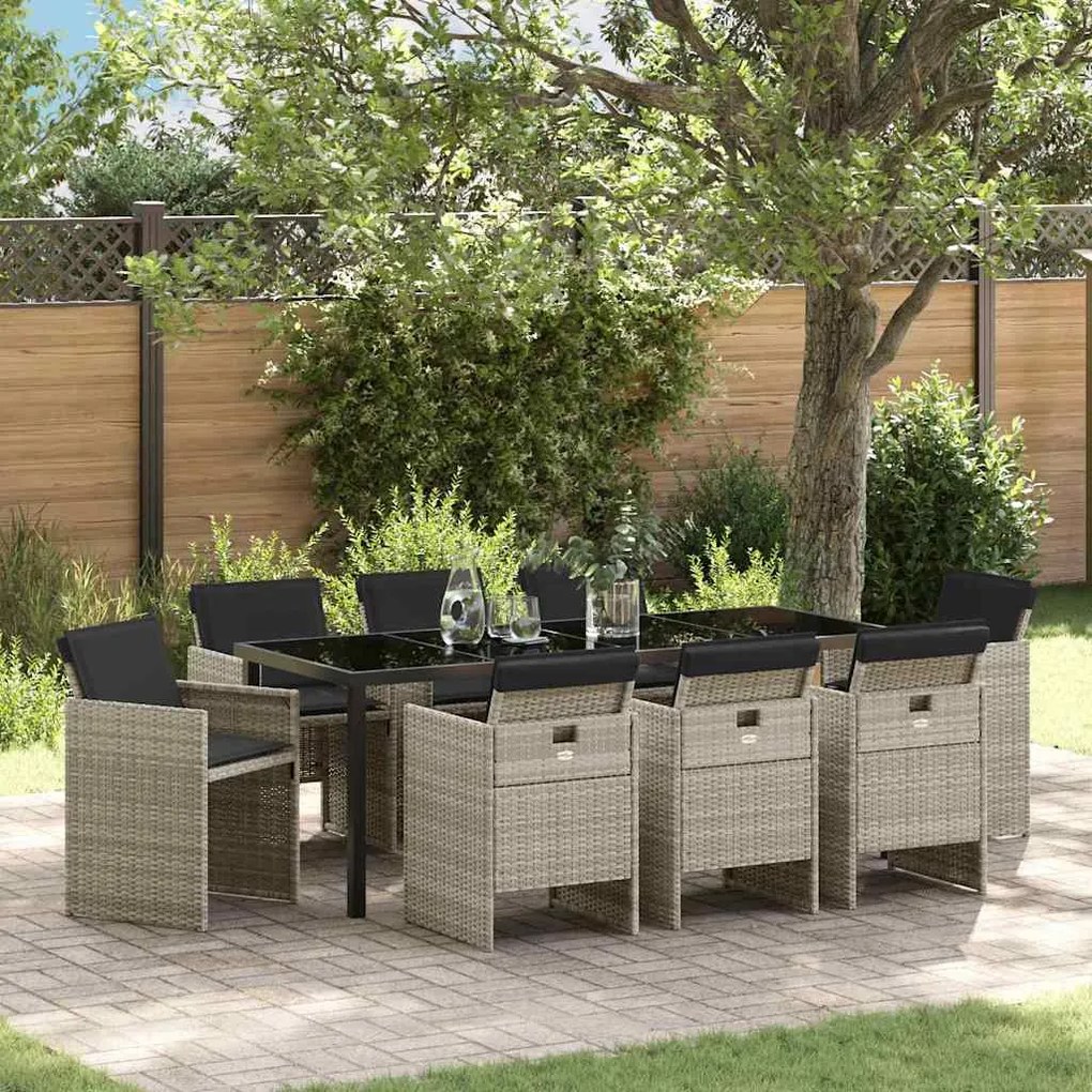 vidaXL Conjunto de Jantar de Jardim com 9 Peças e Almofadas Cinza Claro em Polirattan
