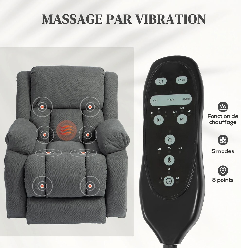 Poltrona elevatória elétrica com massagem e aquecimento, apoio para os pés, encosto reclinável, comando à distância e bolso lateral cinzenta