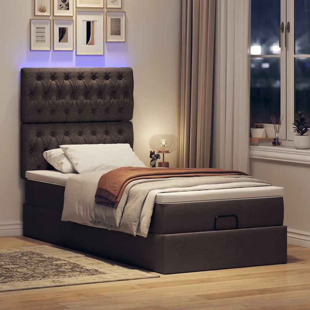 Cama otomana com colchão & LEDs 90x200cm tecido castanho escuro