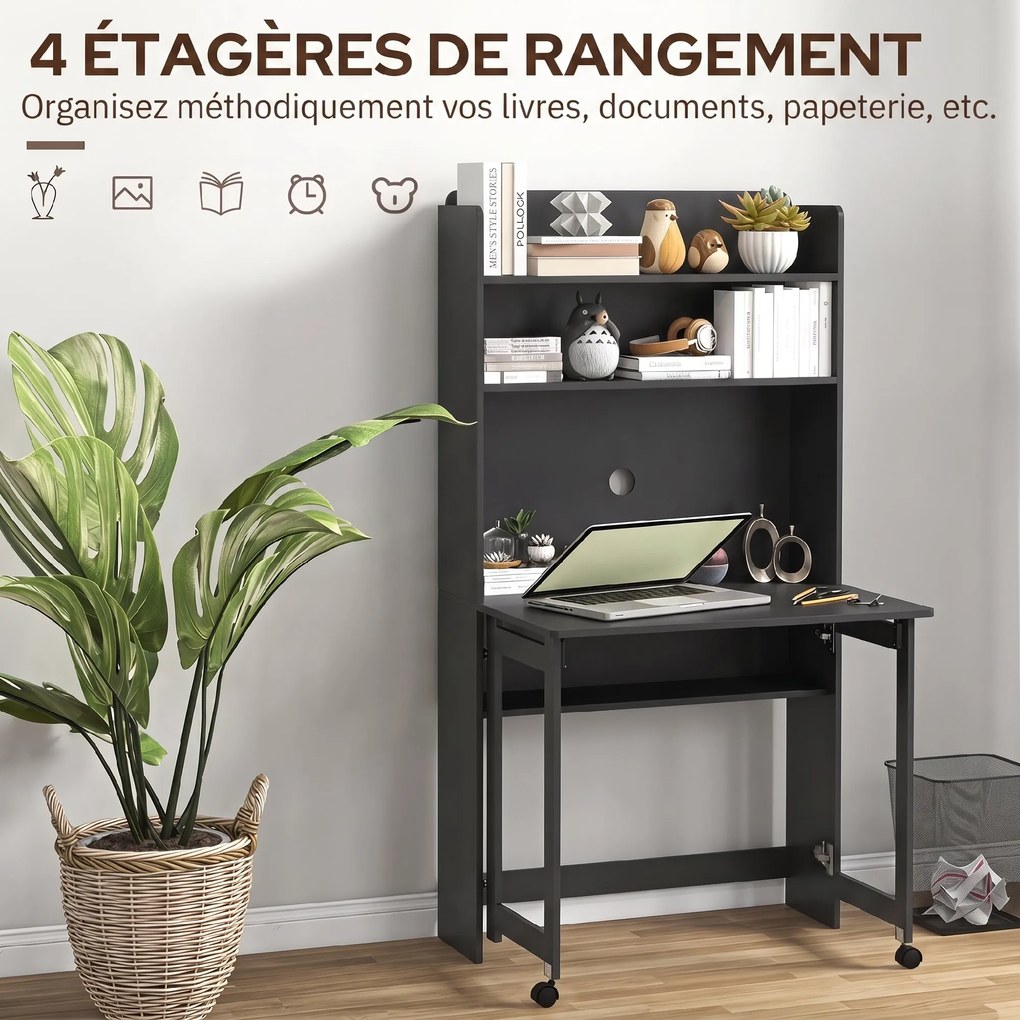 Secretária com prateleiras de arrumação , 80 x 69 x 155 cm, tabuleiro rebatível, 2 Rodas, para quarto, sala de estar, preta