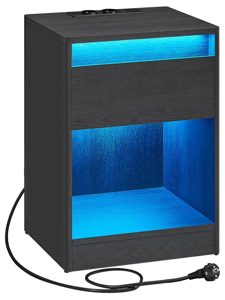 Mesa de cabeçeira com iluminação LED, 2 tomadas e 2 portas USB moderna 35 x 40 x 55 cm preto cinza