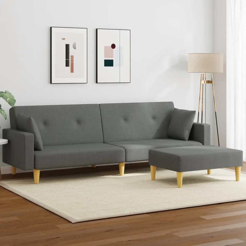 Sofá-cama de 2 lugares c/ apoio de pés tecido cinzento-escuro