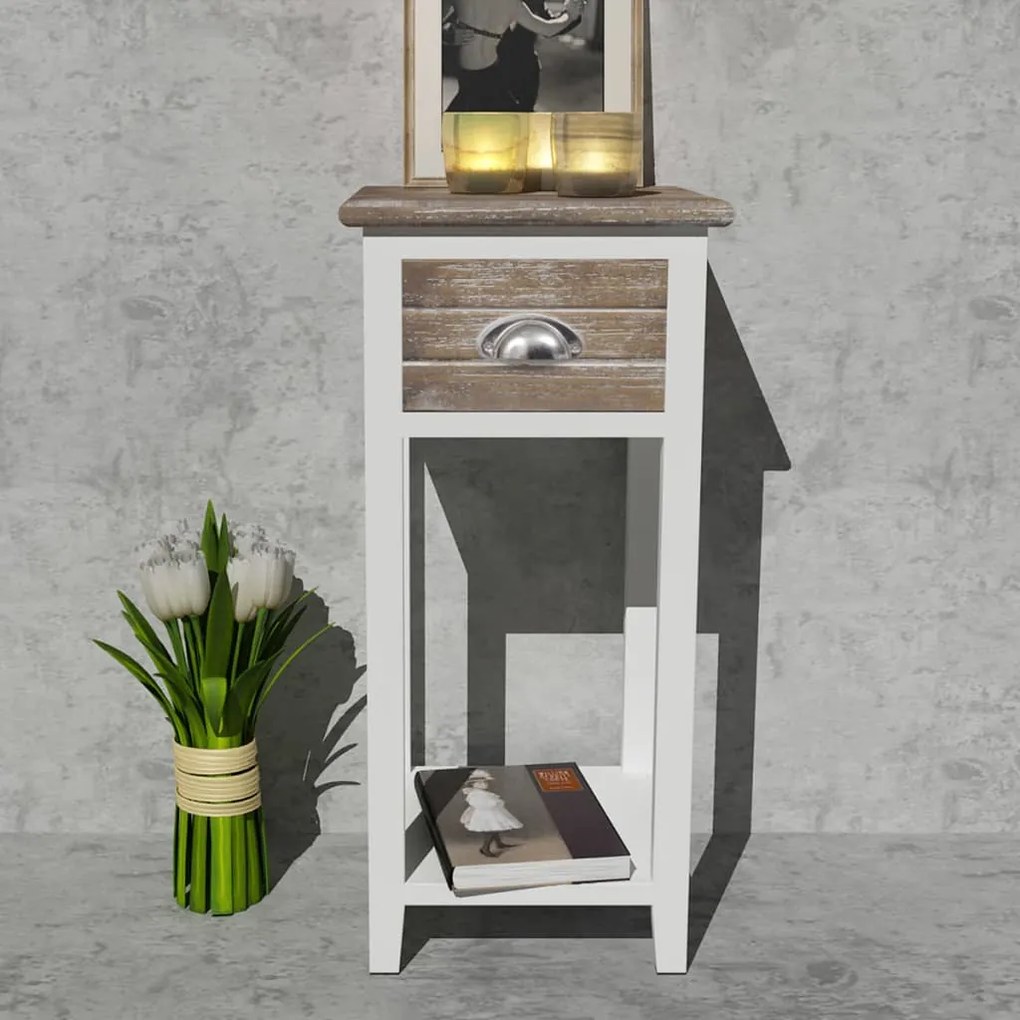 Mesa de cabeceira com 1 gaveta, castanho e branco