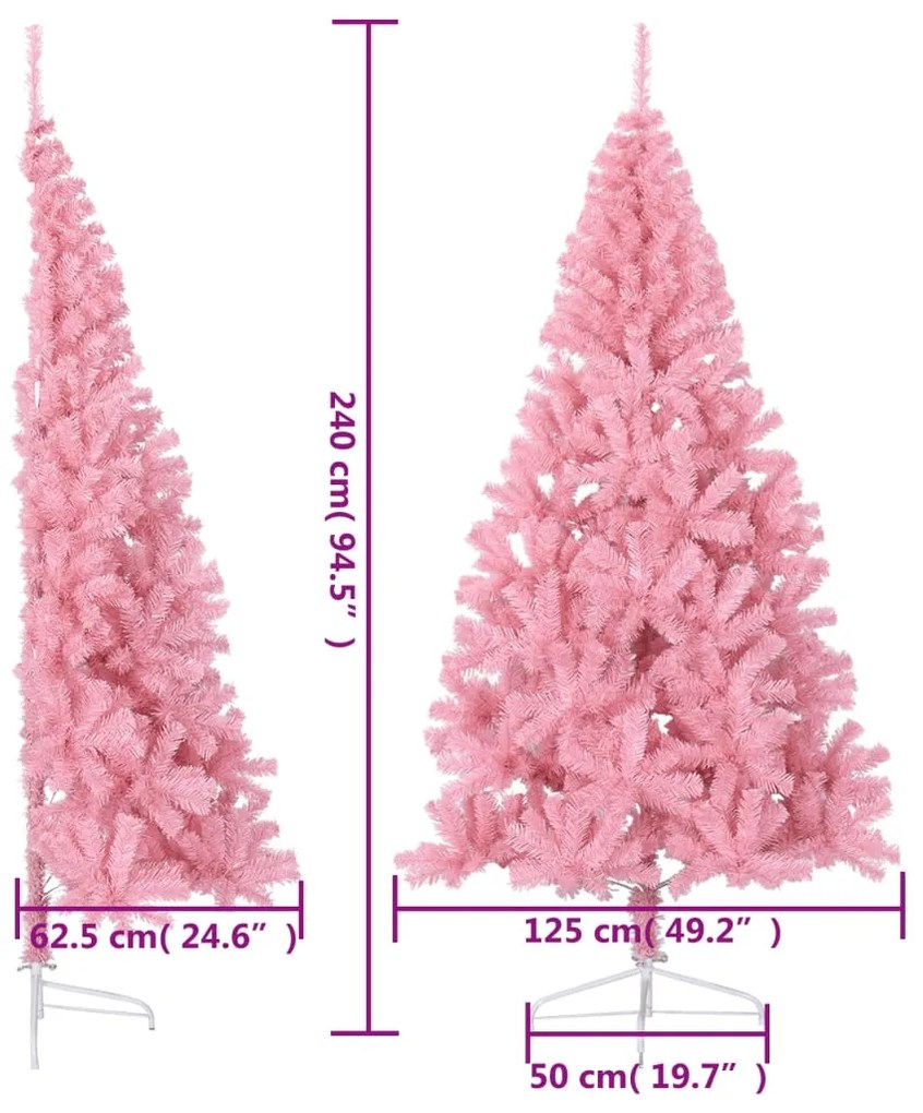 Meia árvore de Natal artificial com suporte 240 cm PVC rosa