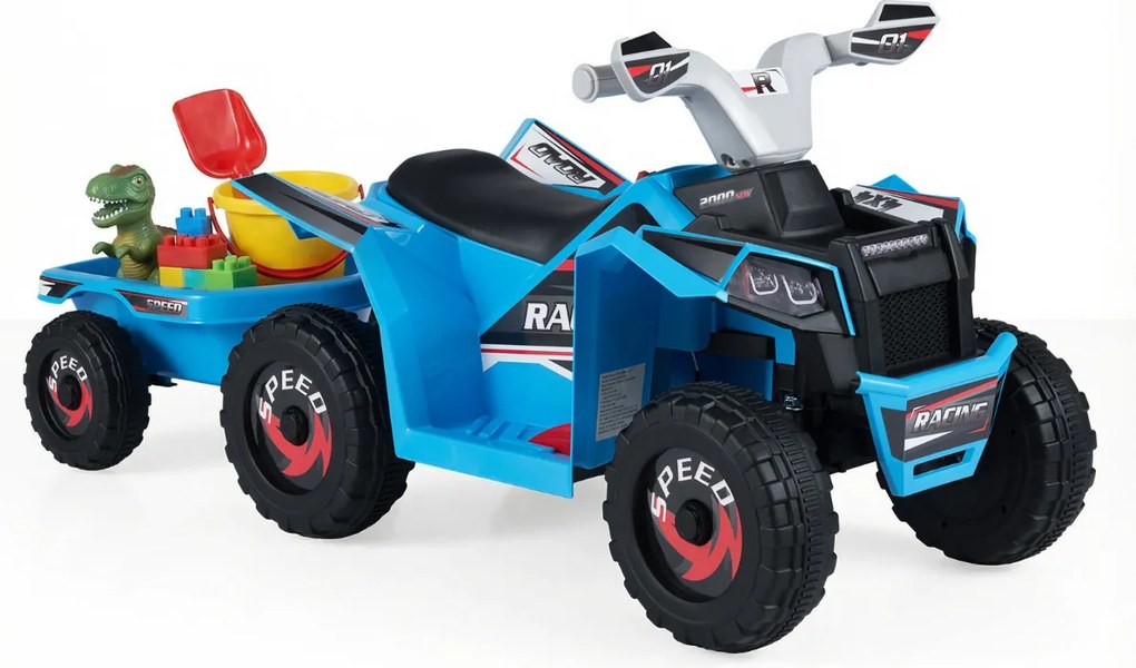 Moto 4 elétrico 6V para crianças 104 x 39 x 48 cm com reboque traseiro azul