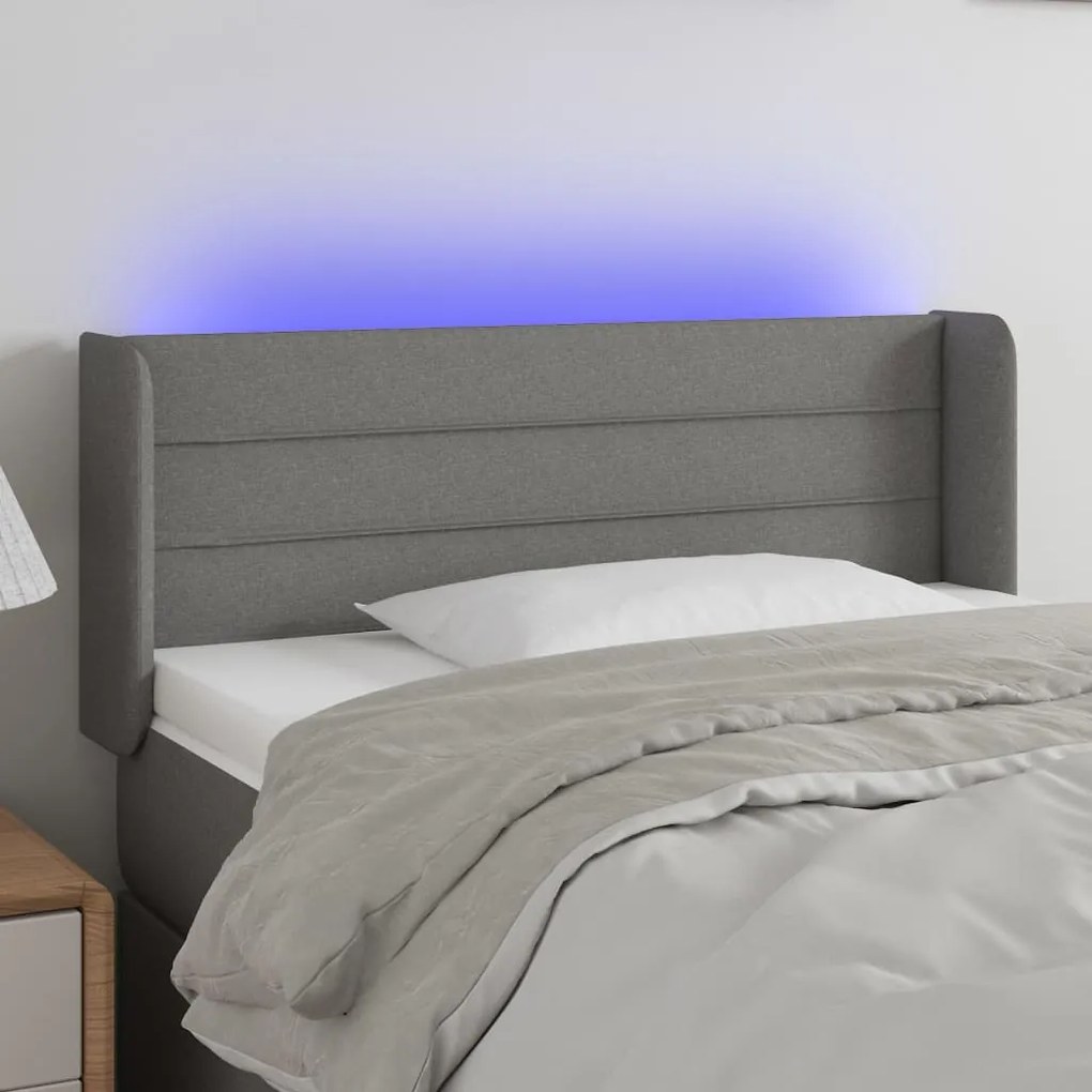 3123367 vidaXL Cabeceira cama c/ luzes LED tecido 103x16x78/88cm cinza-escuro