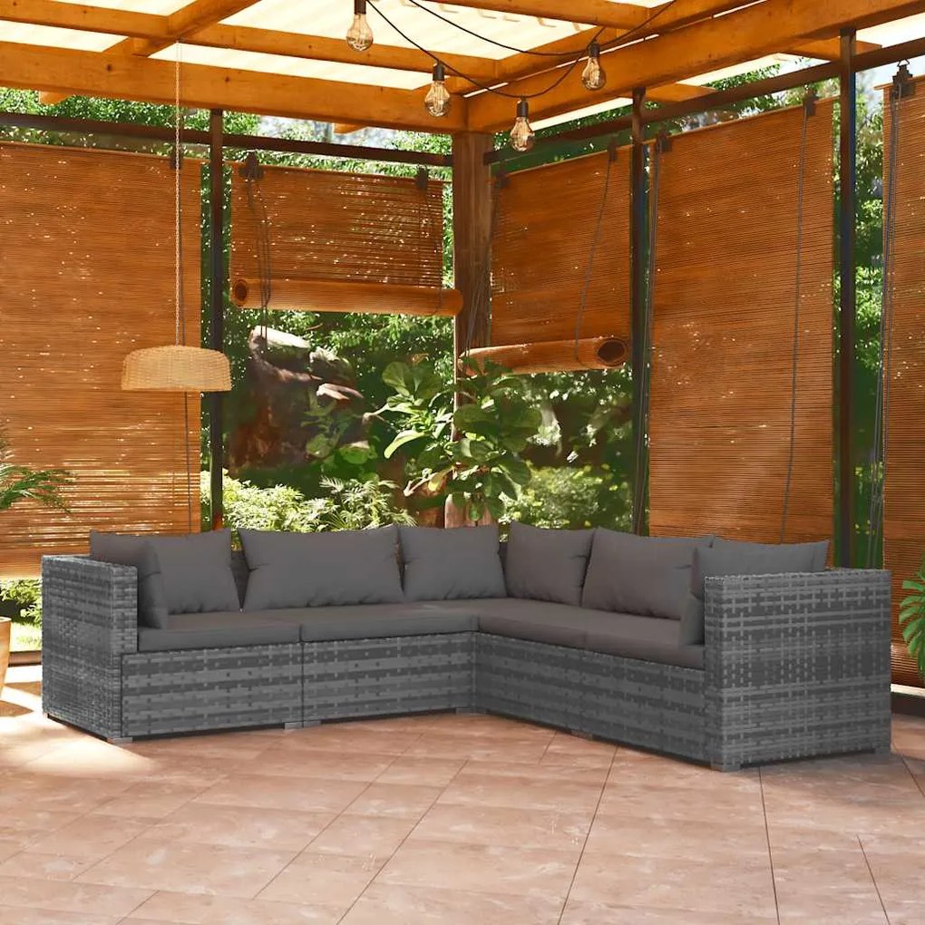 5 pcs conjunto lounge de jardim c/ almofadões vime PE cinzento