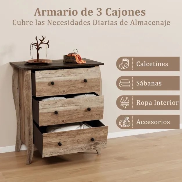 Cómoda de 3 gavetas dobrável em tecido para quarto Cómoda de estilo campestre 67,5 x 38,5 x 76,5 Castanho