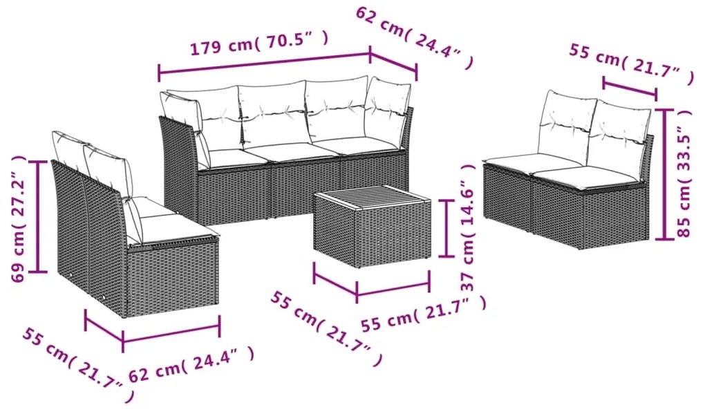 8 pcs conjunto de sofás p/ jardim com almofadões vime PE bege