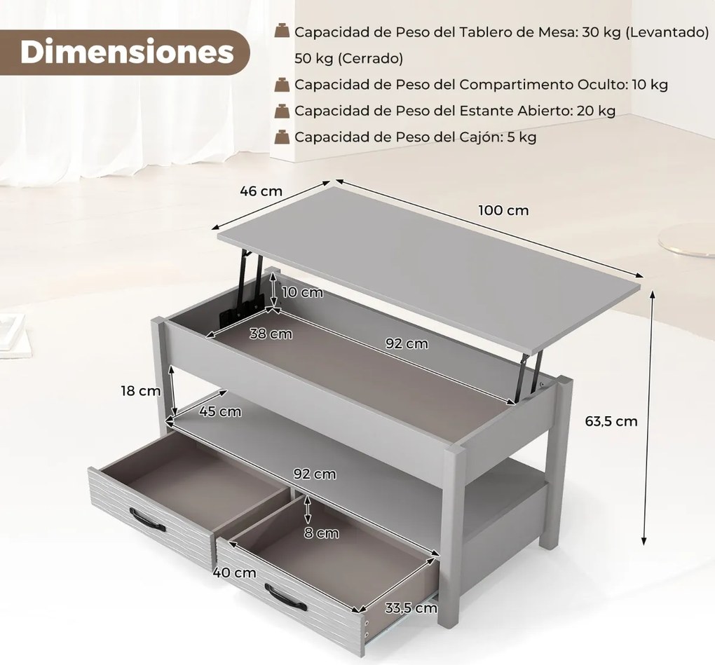 Mesa de centro elevável 100 x 46 x 50 cm com compartimento de armazenamento oculto, prateleira aberta e 2 gavetas para sala de estar cinza