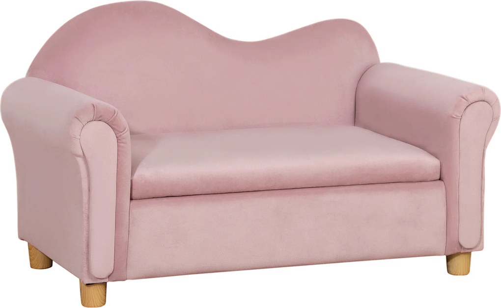HOMCOM Sofá infantil, 2 lugares para crianças 3-5 anos, armazenamento, estrutura em madeira natural, 84 x 41,5 x 48,5cm, rosa | Aosom Portugal