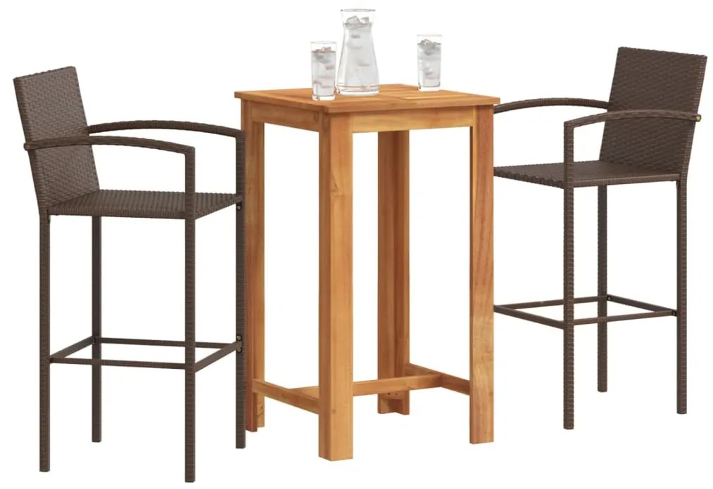 3 pcs conjunto de bar p/ jardim acácia maciça/vime PE castanho