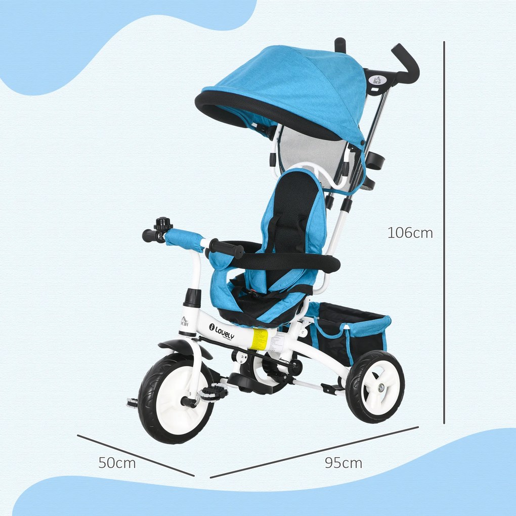 Triciclo Evolutivo para Bebés de +12 Meses 2 em 1 com Toldo Dobrável Guiador Cinto de Segurança e Cesto 95x50x106 cm Azul