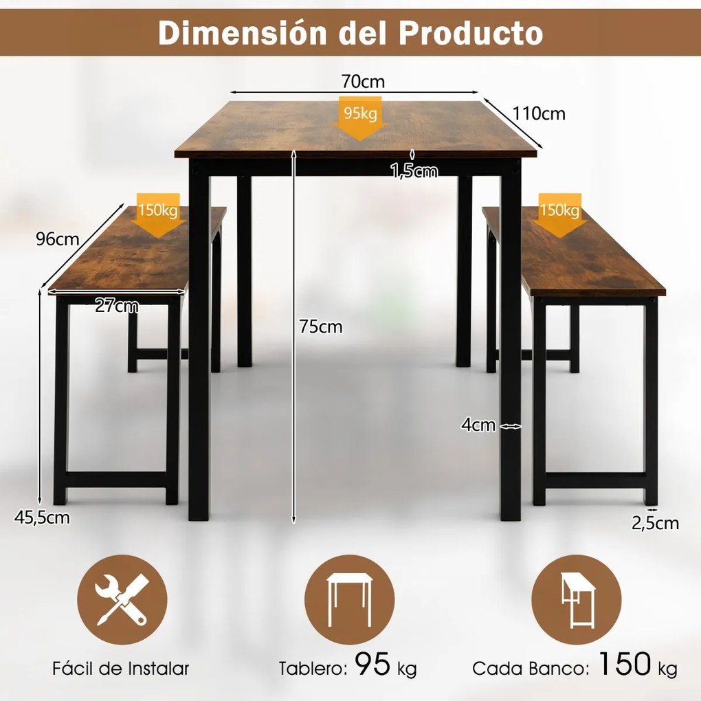 Conjunto de mesa de jantar de 3 peças com estrutura de metal e 2 bancos para 2-4 pessoas móveis de mesa para cozinha Castanho + Preto