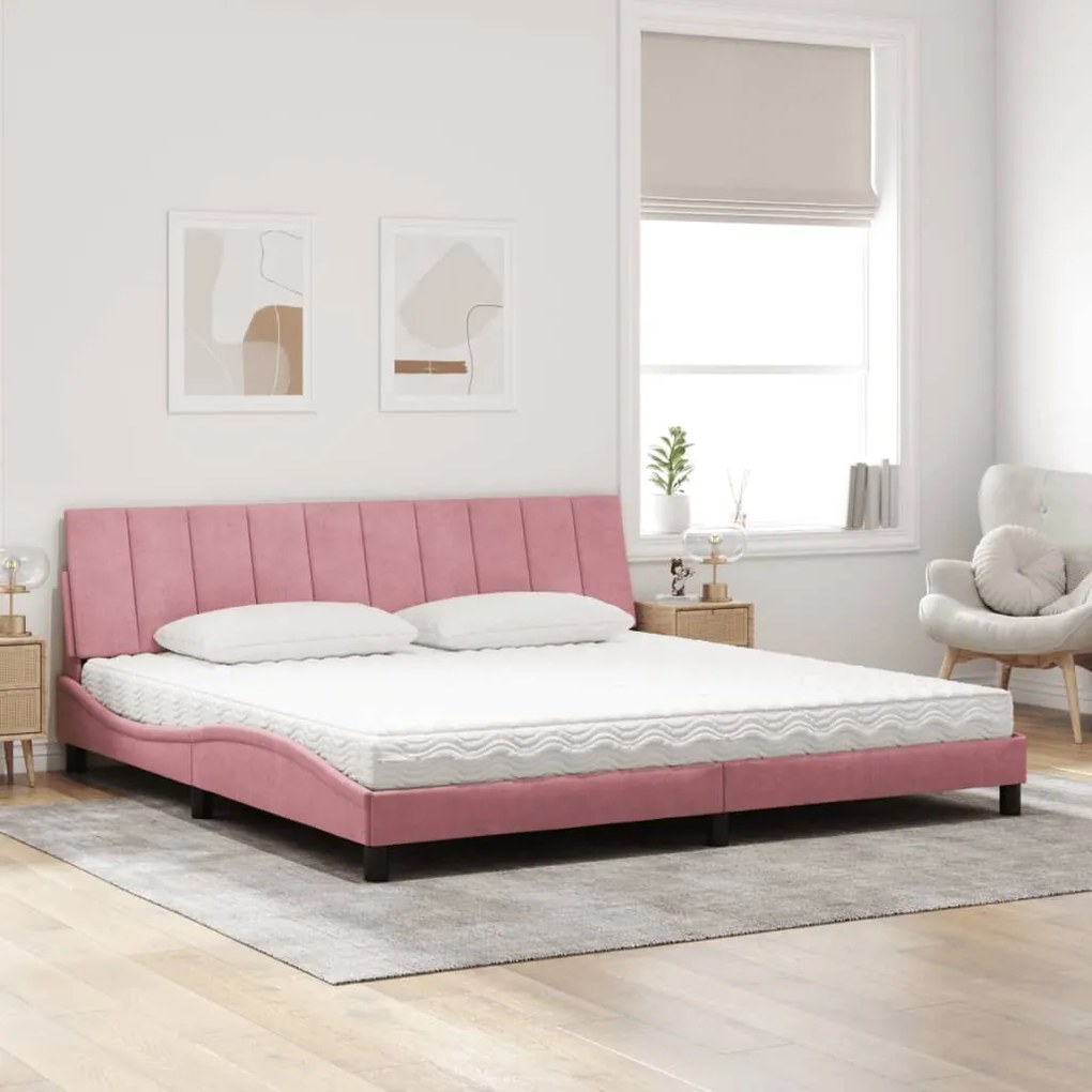 Cama com colchão 200x200 cm veludo rosa