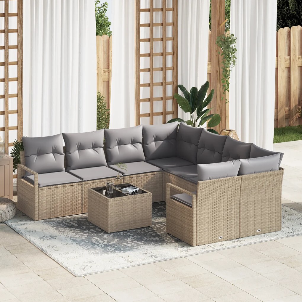 Conjunto de Sofá para Jardim de 9 Peças com Almofadas Bege de Rattan P
