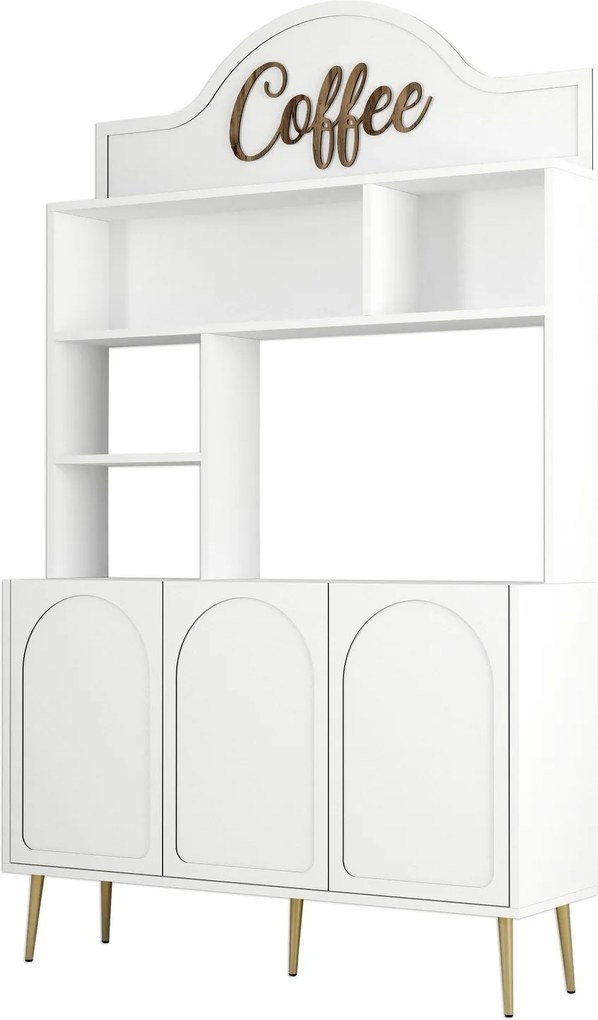 Armário Alto de Cozinha "Coffee" - 200x120x35 cm - Branco e Dourado -