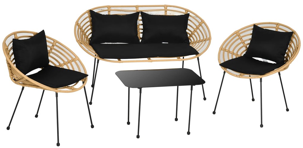 Outsunny Conjunto de Móveis de Jardim em Vime Sintético 4 Peças com 1 Sofá Duplo 2 Poltronas e Mesa de Vidro Madeira e Preto | Aosom Portugal