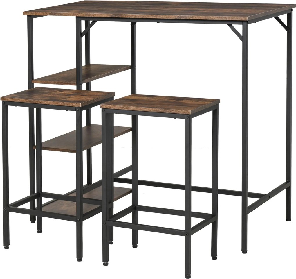 Conjunto de mesa de bar e 2 bancos com apoio para os pés e prateleiras de 3 níveis 109x60x100 cm castanho rústico