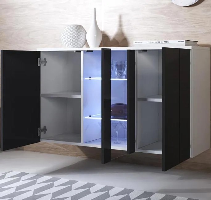 Aparador Suspenso "Lukis" com Luzes LED - 120x70x40 cm - Branco e Pret