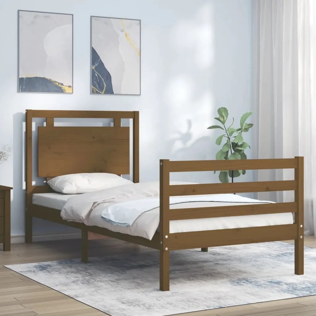 Estrutura cama cabeceira 100x200cm madeira maciça castanho-mel